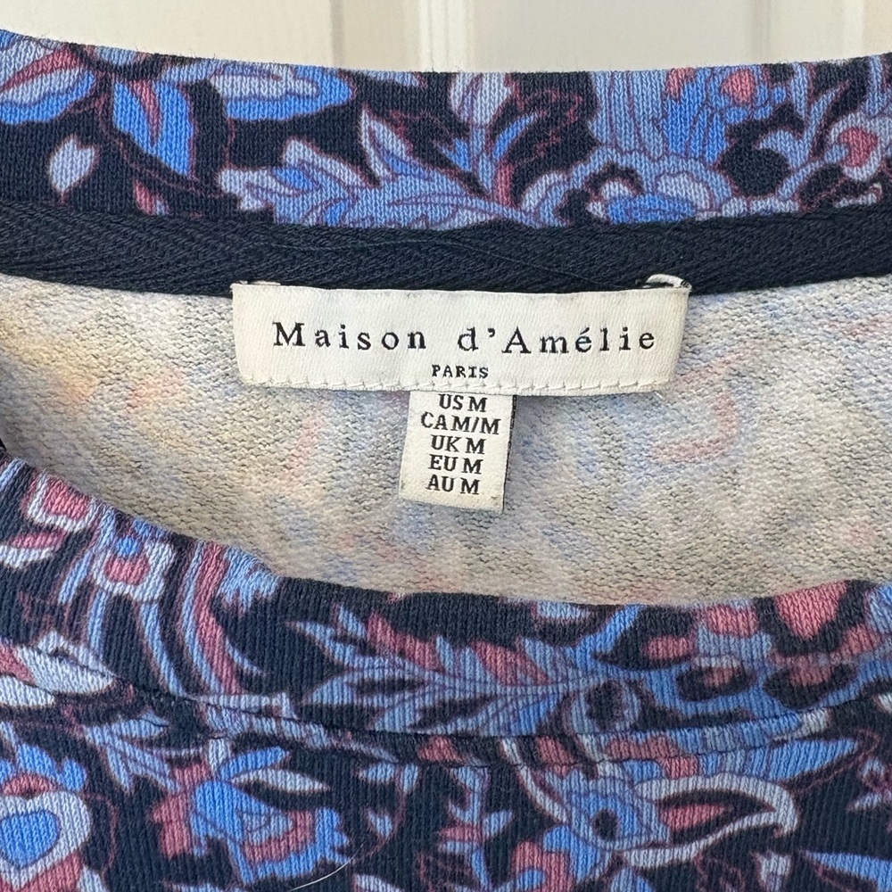 Masion D’Amelie Floral Print Blue Crewneck Puff Sleeves Sweatshirt Medium - Picture 7 of 12
